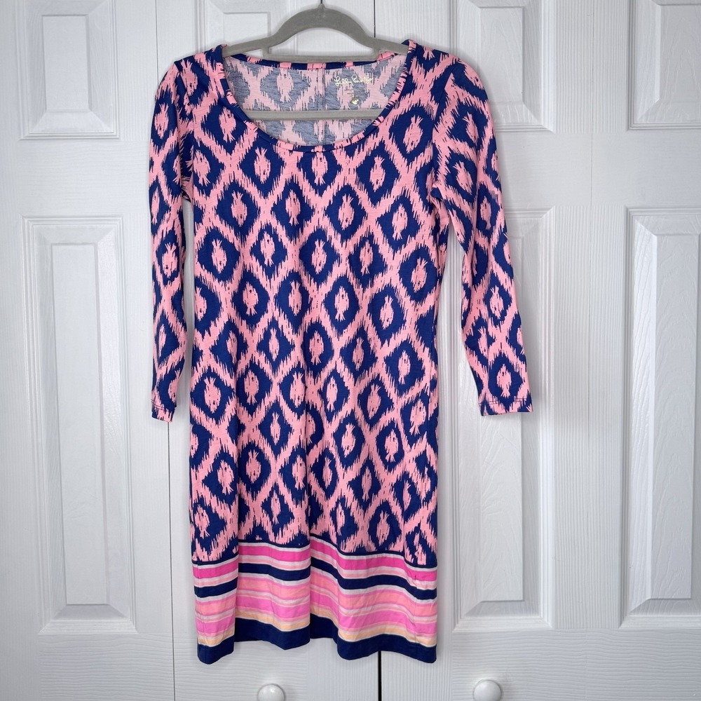 Lilly‎ Pulitzer Dress XS Pink Blue Little Fish Engineered Beacon A-Line Knit